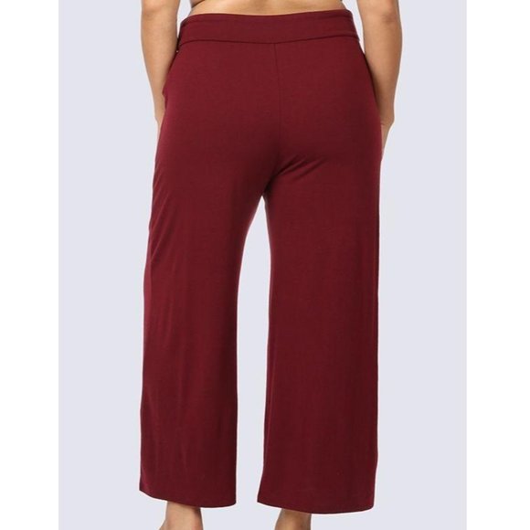 Plus Size Cropped Wide Leg Burgundy Pants - Picture 3 of 3